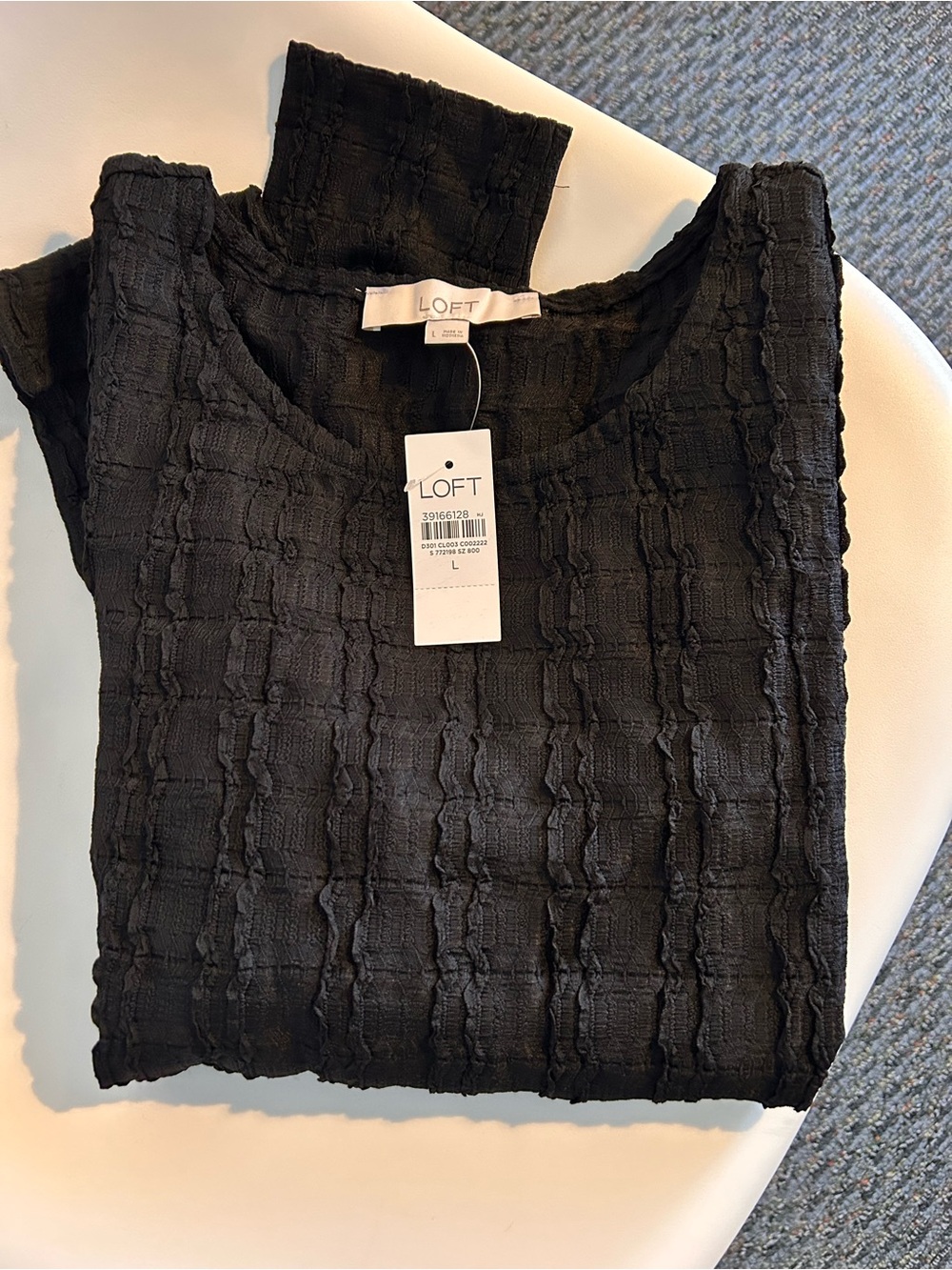 LOFT Black Textured Square-Grid Crew Neck Top